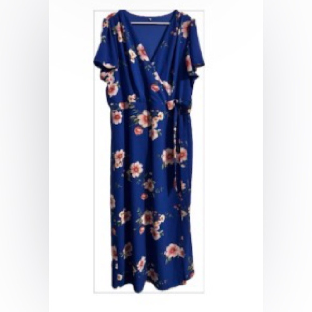 Vibrant Floral Dress 18/20 Blue & Botanical Pinks Faux-wrap Midi - Picture 5 of 11